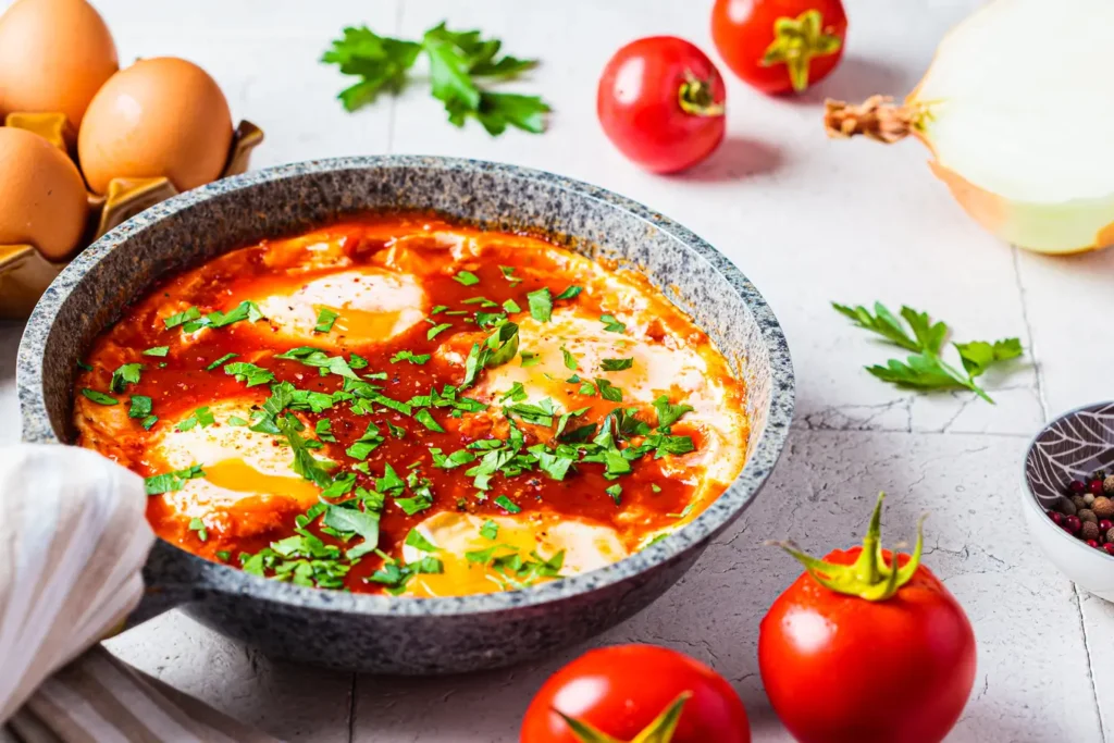 there is a pan of eggs and tomatoes on a table