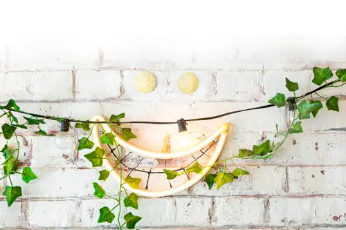 there is a wall with a smile made of leaves and a string of lights