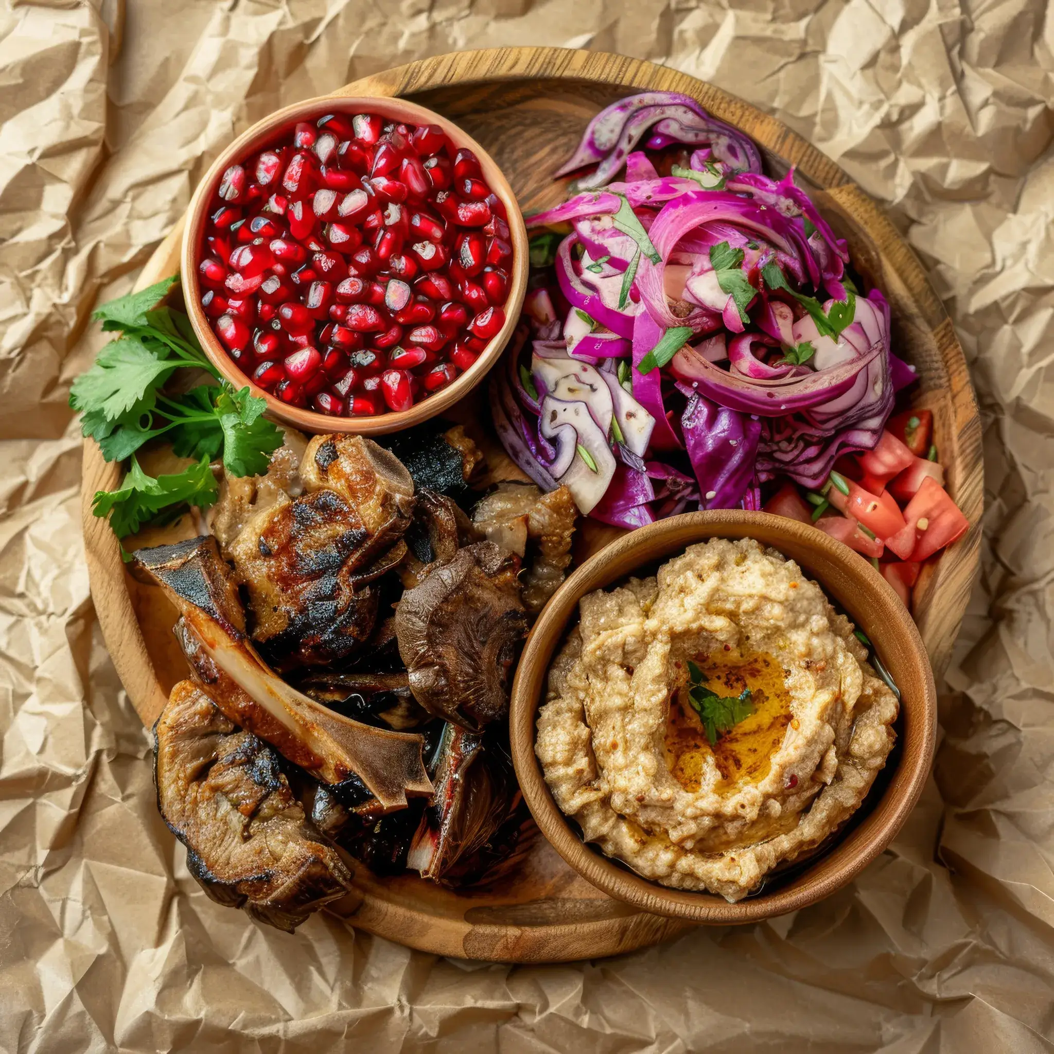 Evening dining at 19 Cleveland with lamb chops and plates of hummus on the table